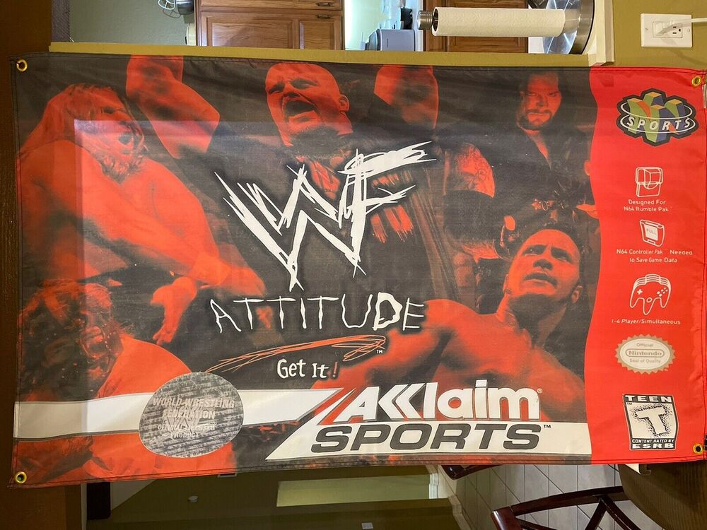 WWF Attitude Get It Nintendo N64 5ft Flag Banner Poster 1999 64 WWE Stone Cold